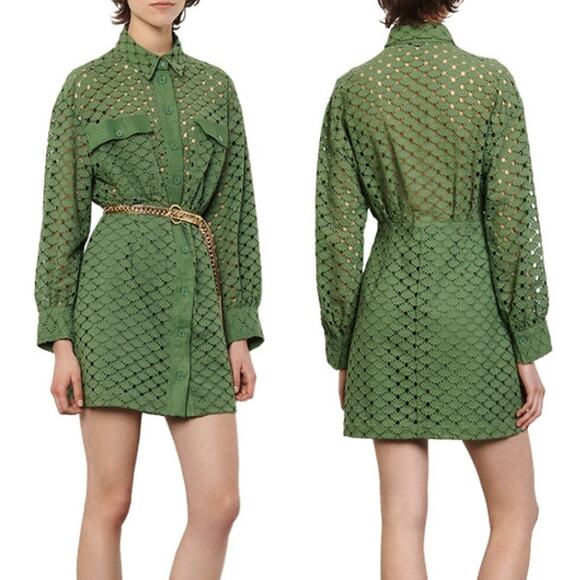 Sandro Shera Long Sleeve ButtonFront Lace Shirt Mini Dress Green Women's Medium - Picture 1 of 9